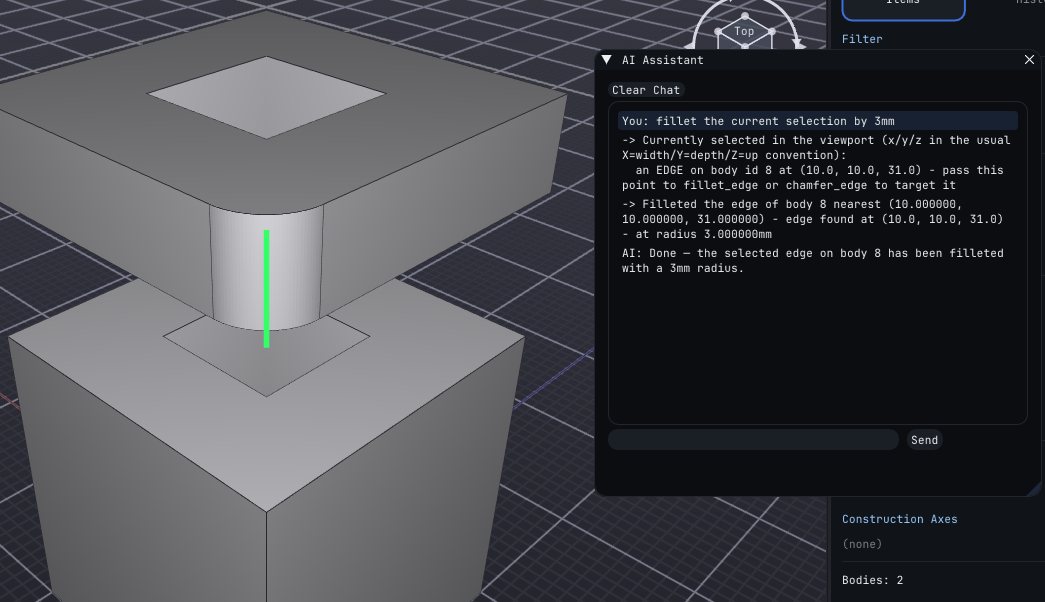 AI Assistant chat panel filleting an edge on a simple part by request