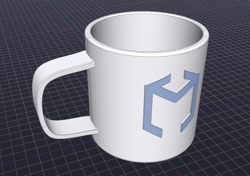 Logo embossed around the curved face of a mug