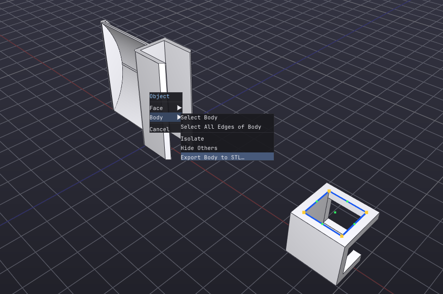 Right-click body menu with Export Body to STL highlighted