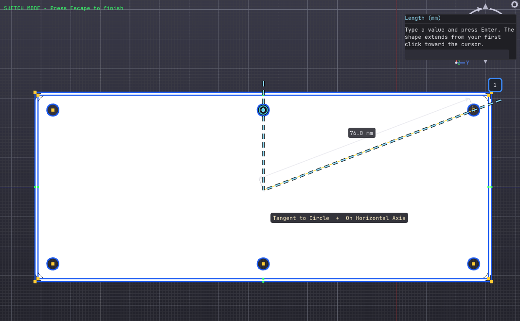 Sketch mode — a constrained rectangle with tangent and dimension input