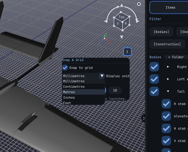 Display unit dropdown over the sketch grid, set to Metres, on an aircraft model