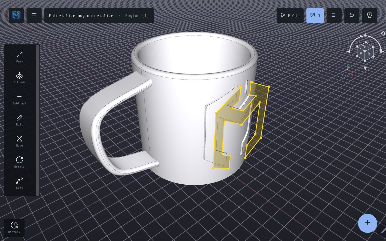 Materializr's touch layout on a tablet — a coffee mug with the tool rail and viewcube